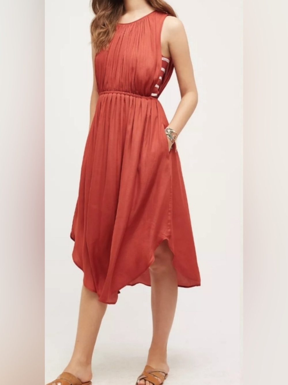 Rust Sleeveless Midi Dress with Gathered Waist